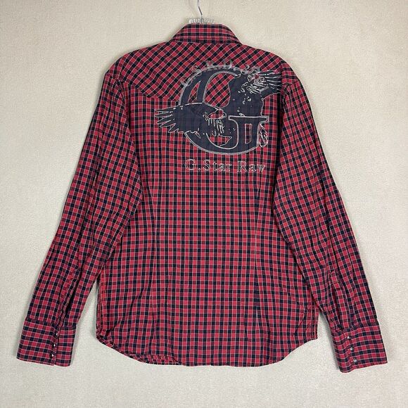 G-Star Raw Shirt Mens Large Red Plaid Long Sleeve Snap Up‎ Graphic Print - Picture 12 of 13